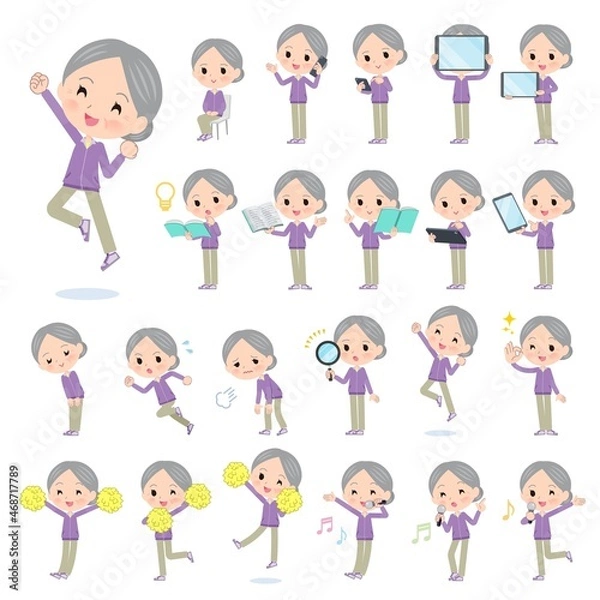 Fototapeta スマートフォンなどのデジタル機器を持つジャージ高齢女性のセット