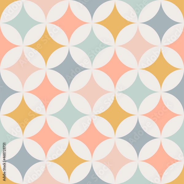 Obraz Współczesny geometryczny wzór z połowy wieku z prostymi kształtami retro, gwiazdami i kręgami. Streszczenie Wektor tło naturalnych tonów na lekkim tle w skandynawskim stylu dla dzieci.
