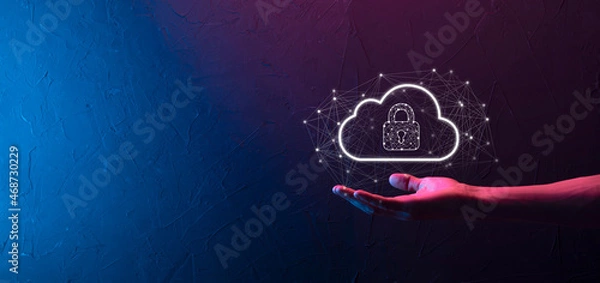 Obraz Business man hold,holding cloud computing data and security on global networking,Padlock and cloud icon. Technology of business.Cybersecurity and information or network protection.internet project