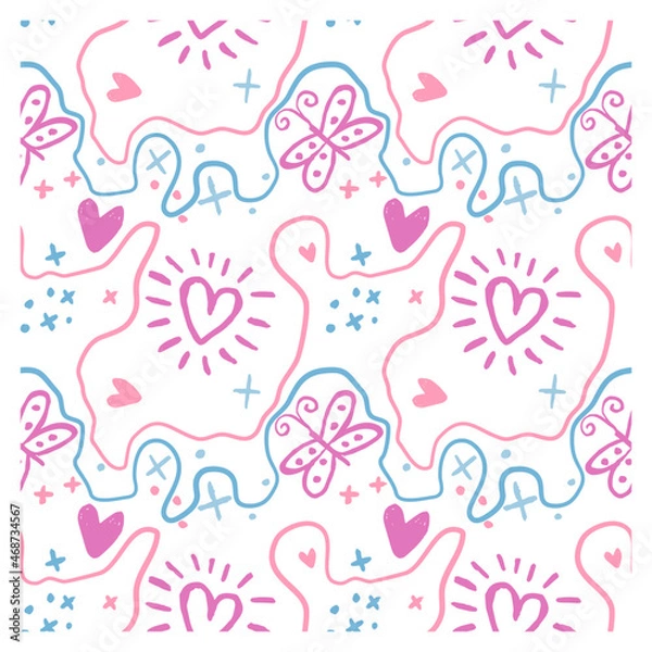 Fototapeta Seamless pattern with waves, stars, hearts and butterflies. Background for poster or cover.