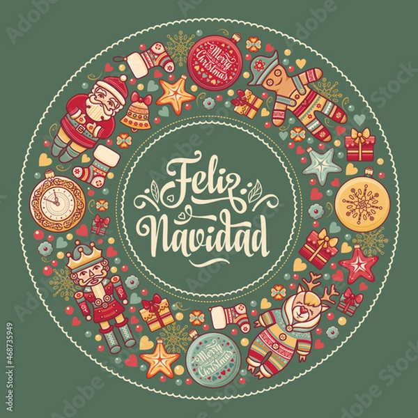 Obraz Feliz Navidad Christmas in Spain Noel Christmas banner on different languages. Xmas lettering design Spanish words greeting card. Navidad Postcard in Spanish. Christmas lettering Xmas Background 