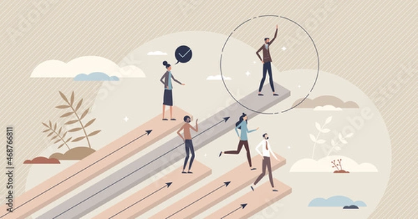 Fototapeta Meritocracy political ideology based on work performance tiny person concept. Best leader appraisal because of talent and work efficiency or productivity vector illustration. Fair social division.