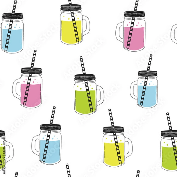 Fototapeta A glass jar with a lid and a tube. Smoothies, juices, drinks. Seamless vector pattern. Sketch, doodle style.