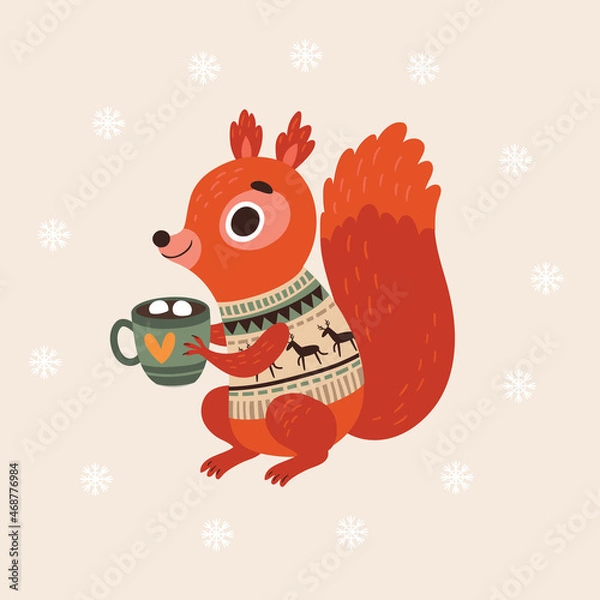 Fototapeta Squirrel with cocoa, winter christmas card