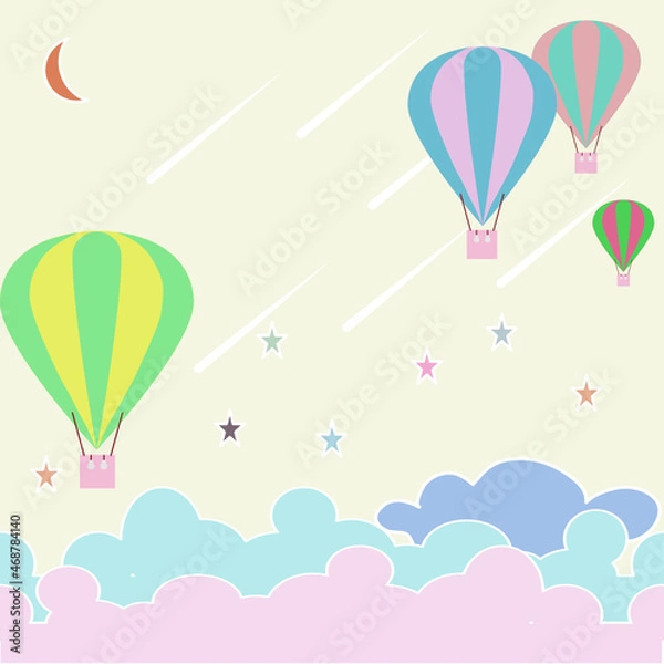 Fototapeta Picture of balloons floating in the sky, colorful balloons blue, pink, white, red and green,clouds floating in the sky with many stars and months in the sky. on a yellow background.