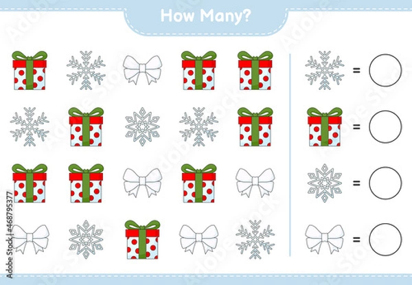 Fototapeta Counting game, how many Ribbon, Snowflake, and Gift Box. Educational children game, printable worksheet, vector illustration
