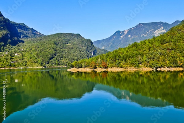 Fototapeta Peaceful Qingjiang river and reflection Enshi China