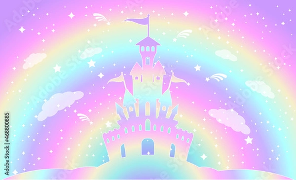Obraz Sylwetka magicznego zamku na tle tęczowego nieba z gwiazdami.