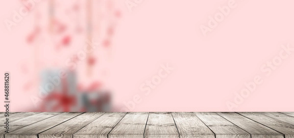 Fototapeta Bokeh background with empty wooden deck table for product montage display