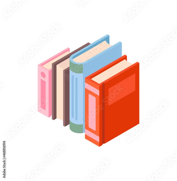 Fototapeta Stack of different books. Vivid images, metaphor for education, obtaining new knowledge, selfdevelopment. Library, literature, poems, stories. Pile of books. Cartoon isometric vector illustration