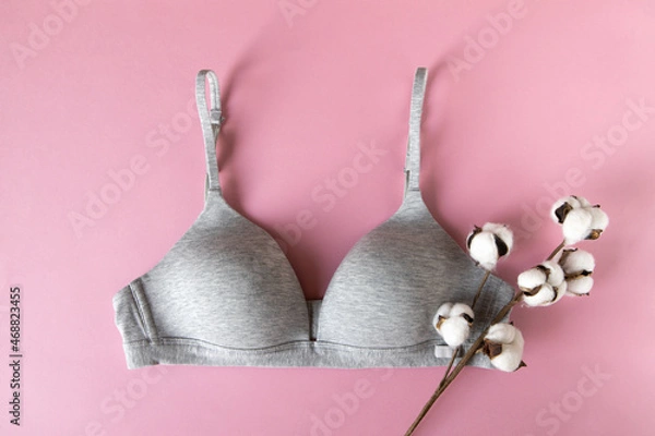 Fototapeta Gray organic or recycled cotton bra with cotton branch on pastel pink background, top view, copy space, flat lay. Concept femininity, comfort, home clothes, underwear, natural textile, minimal style