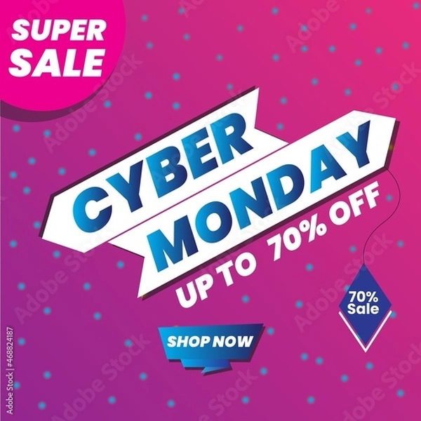 Fototapeta Cyber Monday sale vector illustration. UP TO 70% Off, Vector gradient trendy illustration