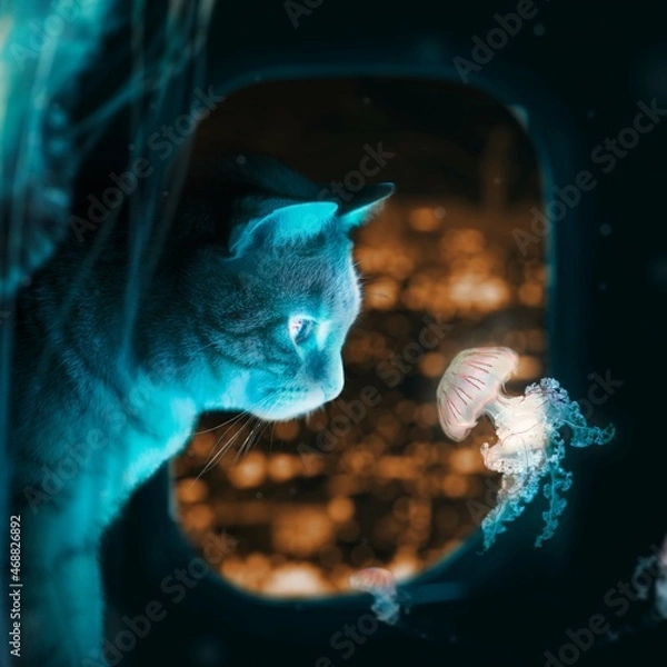 Fototapeta cat watching jellyfish in an alternative creative universe