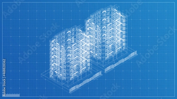 Obraz Building Blueprint illustration, 3d blueprint render, engineering blueprint with high quality 3d render