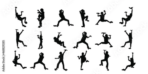 Fototapeta A set of silhouettes of climbers. Black silhouettes on a white background. Vector illustration.