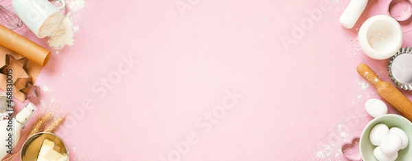 Fototapeta Pink banner with raw ingredients for baking, traditional cookies or cakes