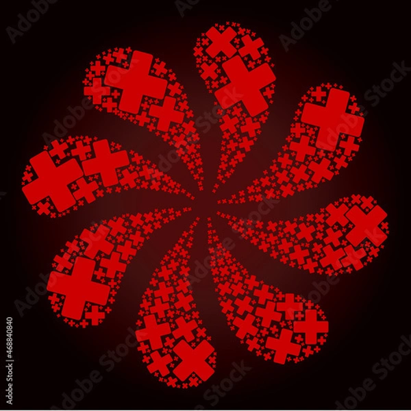 Fototapeta Red reject icon exploding bang flower fireworks composition on red dark gradient background. Flower twirl done from red random reject icons.