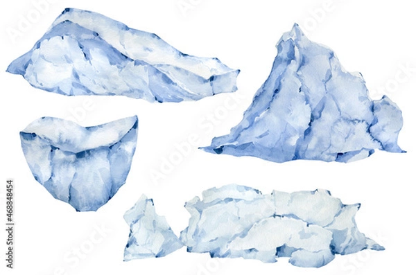 Fototapeta Watercolor icebergs set isolated on the white background. Ice mountains. Glasier mass. Snow slides.