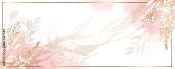 Obraz Luxurious golden wallpaper. Banner with flowers and long twigs. Watercolor pink, blue, lilac spots on a white background. Shiny flowers and twigs. Vector file.
