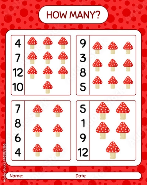 Fototapeta How many counting game with mushroom. worksheet for preschool kids, kids activity sheet