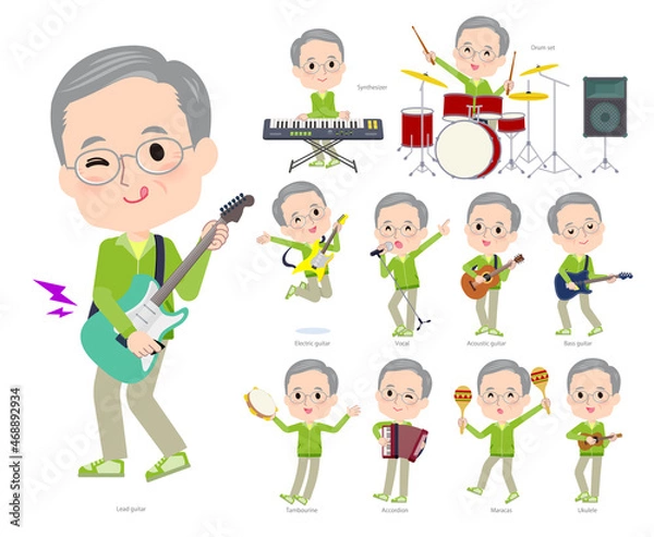 Obraz ロックンロールやポップミュージックを演奏する緑ジャージ高齢男性のセット