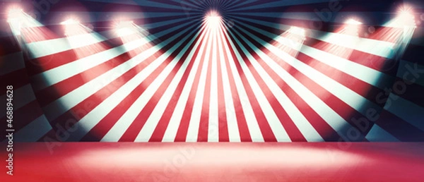 Fototapeta Abstract red sunlight horizontal background. Grunge circus vintage background. Paper cut circus panel. 3d illustration