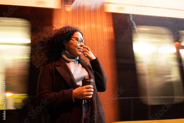 Obraz Young  woman before leaving tramway