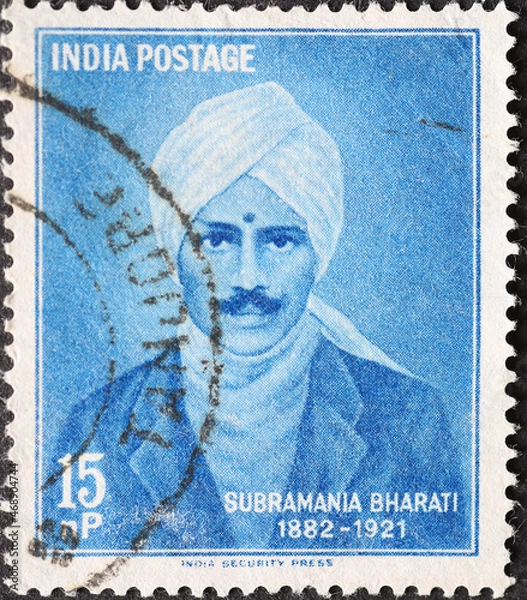 Fototapeta India - circa 1960: a postage stamp from India showing the portrait of Subramania Bharati (1882-1921) Commemoration