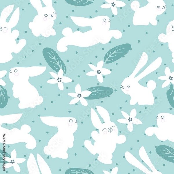 Fototapeta Seamless pattern with the image of cute bunnies surrounded by white flowers.