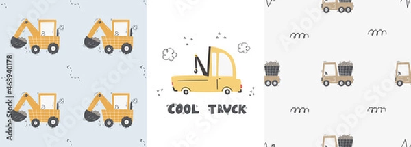 Fototapeta Cute children's seamless pattern with trucks and diggers in Scandinavian style on a white background. Building equipment. Funny construction transport Digital paper