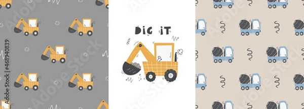 Fototapeta Cute children's seamless pattern with trucks and diggers in Scandinavian style on a white background. Building equipment. Funny construction transport Digital paper