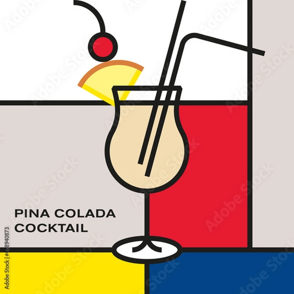 Fototapeta Pina colada cocktail in Poco Grande hurricane glass with drinking straw, garnish with pineapple wedge, maraschino cherry. Modern style art with rectangular color blocks. Piet Mondrian style pattern.