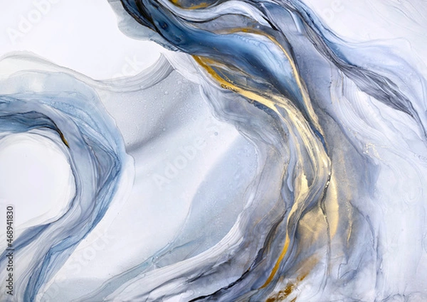 Obraz Abstract blue art with gray and gold — light blue background with beautiful smudges and stains made with alcohol ink and golden paint. Blue fluid texture poster resembles watercolor or aquarelle.