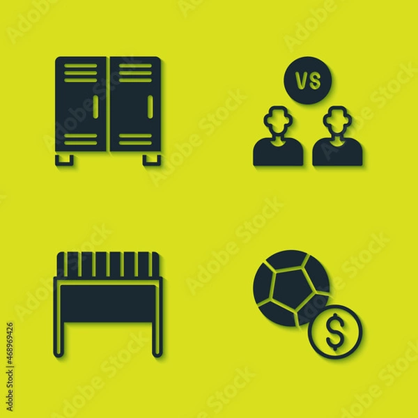 Fototapeta Set Locker or changing room, Soccer football ball, Football goal and soccer player icon. Vector
