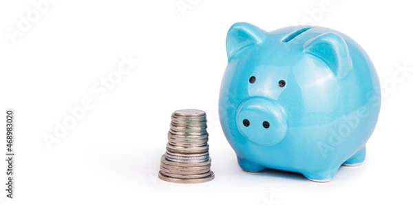 Fototapeta Piggy bank and stack of coins on white background. Money box copy space