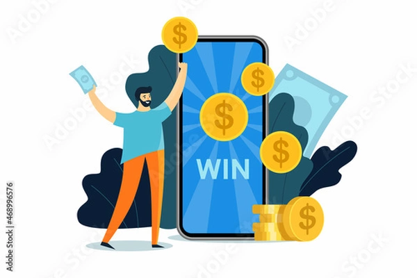 Obraz Online banking on your phone. Winner won the money in the application. Big smartphone and a small man. Online win. Vector stock illustration in flat style isolated on white background. Online Reward.