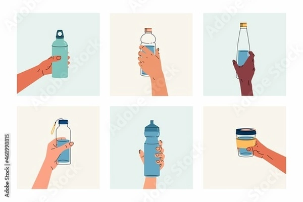 Obraz Set of reusable containers for liquids in hands. Various poses of hands holding a bottle, tumbler, sports water bottle in square. Use your own bottle. Outline color trendy vector illustration.