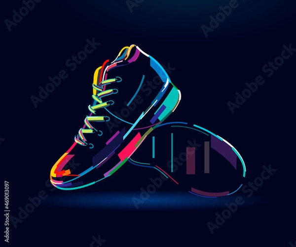 Fototapeta Pair of sports sneakers for playing basketball, abstract, colorful drawing, digital graphics. Vector illustration of paints