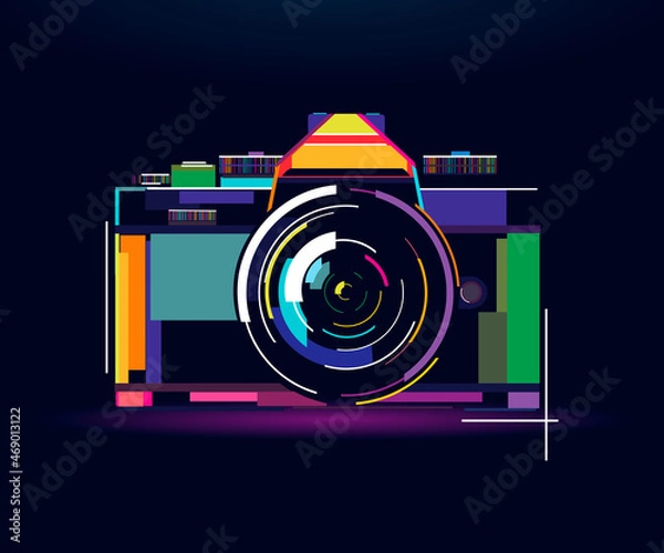 Fototapeta Retro photo camera, abstract, colorful drawing, digital graphics. Vector illustration of paints