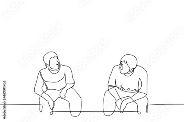 Fototapeta two men are sitting on the sofa facing each other - one line drawing vector. concept of conversation, dating, communication