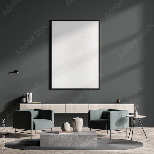 Fototapeta Dark living room interior with empty white poster, sideboard