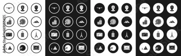 Fototapeta Set Map pin, Globe with flying plane, Suitcase for travel, Drone action video camera, Egypt pyramids, pointer Eiffel tower, and and stickers icon. Vector