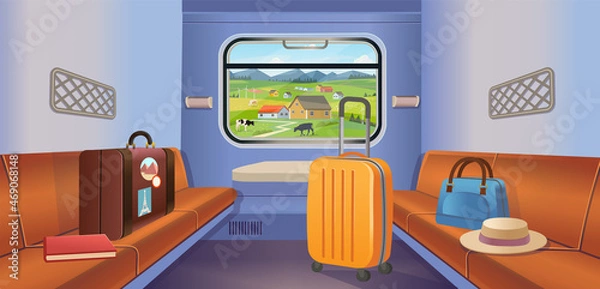 Fototapeta Train interior inside view with luggage and the village in the window. Train travel.Vector illustration