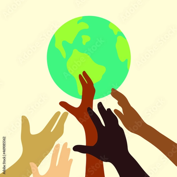 Fototapeta Hands of People with Different Skin Colors Holding Earth Globe Icon Symbol. Flat Vector Illustration. 