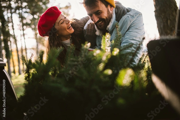Fototapeta Smiling couple has picked up the Christmas tree and they are packing it in the back of the car, getting ready for Christmas holidays celebration