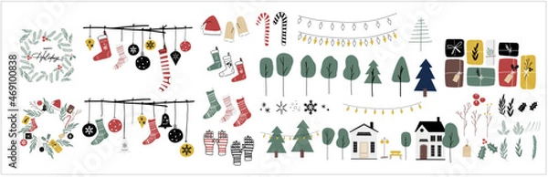 Obraz Christmas and winter Holiday icon graphic set for seasonal messages and artwork. Vector graphic elements of christmas tree, ornaments, leaf, wreath, stocking, gifts, santa hat, and cute houses-Bundle 