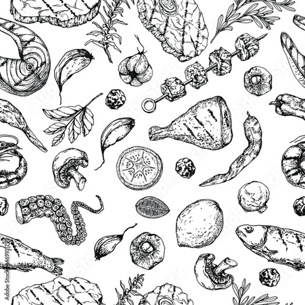Fototapeta Pattern Grill party set. Grill collection. Food. Meat.Fish. Black and white hand drawn illustration. Grill spices. Sketch. Engraving style. Isolated on white.Vintage.Bar,desing restaurant menu
