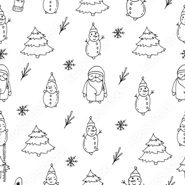 Fototapeta Christmas vector illustration snowman Santa Klaus snowflake  tree seamless pattern 