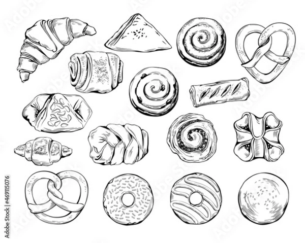 Fototapeta Vector Set of Hand-Drawn Illustrations of Sweet Baked Goods. Croissant, Doughnut, Pretzel, Yeast and Puff Pastry Buns with Nuts, Jam, Poppy, Cinnamon. Line Art Drawings Isolated on White Background