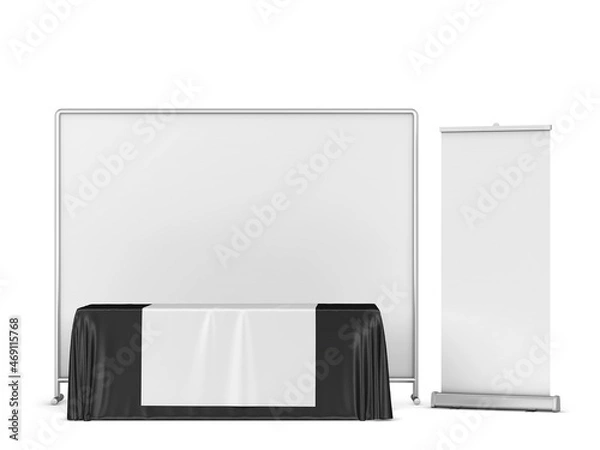 Fototapeta Blank tradeshow tablecloth with backdrop and rollup banners mockup
